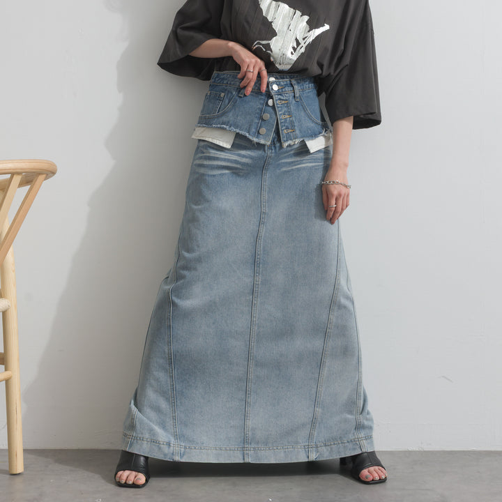 【SET】ニュアンス箔プリントTシャツ+レイヤードデニムロングスカート(2set)