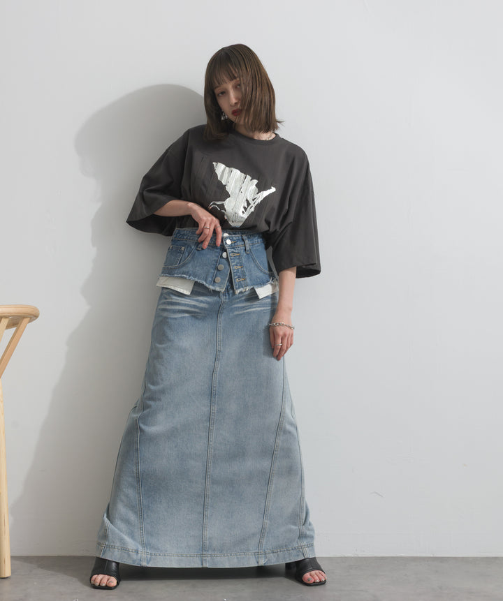 【SET】ニュアンス箔プリントTシャツ+レイヤードデニムロングスカート(2set)