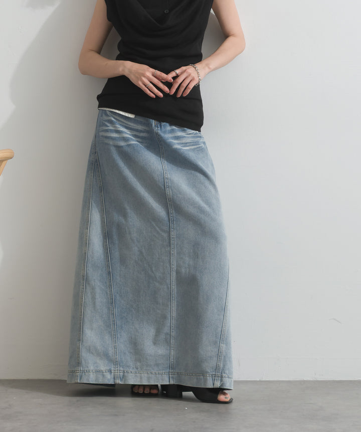 【SET】ドレープデザインポロトップス+レイヤードデニムロングスカート(2set)