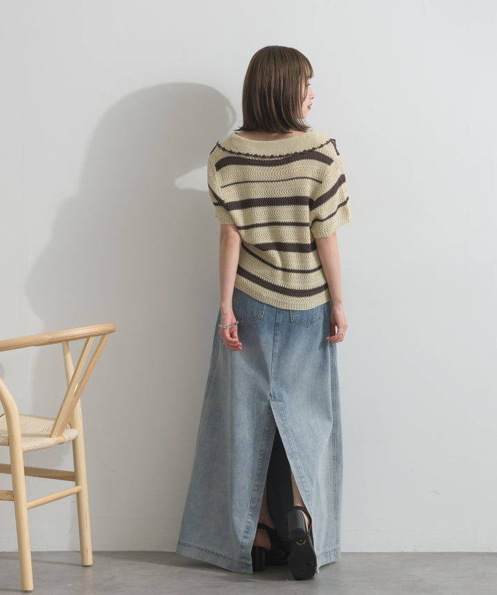 【SET】メッシュボーダーポロニット+レイヤードデニムロングスカート(2set)