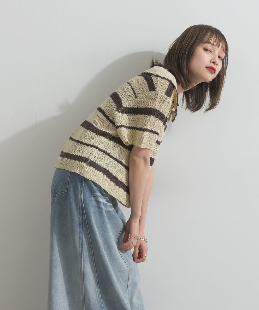 【SET】メッシュボーダーポロニット+レイヤードデニムロングスカート(2set)