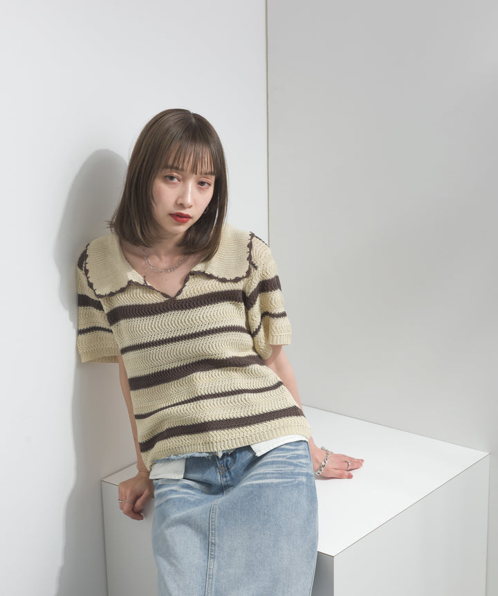 【SET】メッシュボーダーポロニット+レイヤードデニムロングスカート(2set)