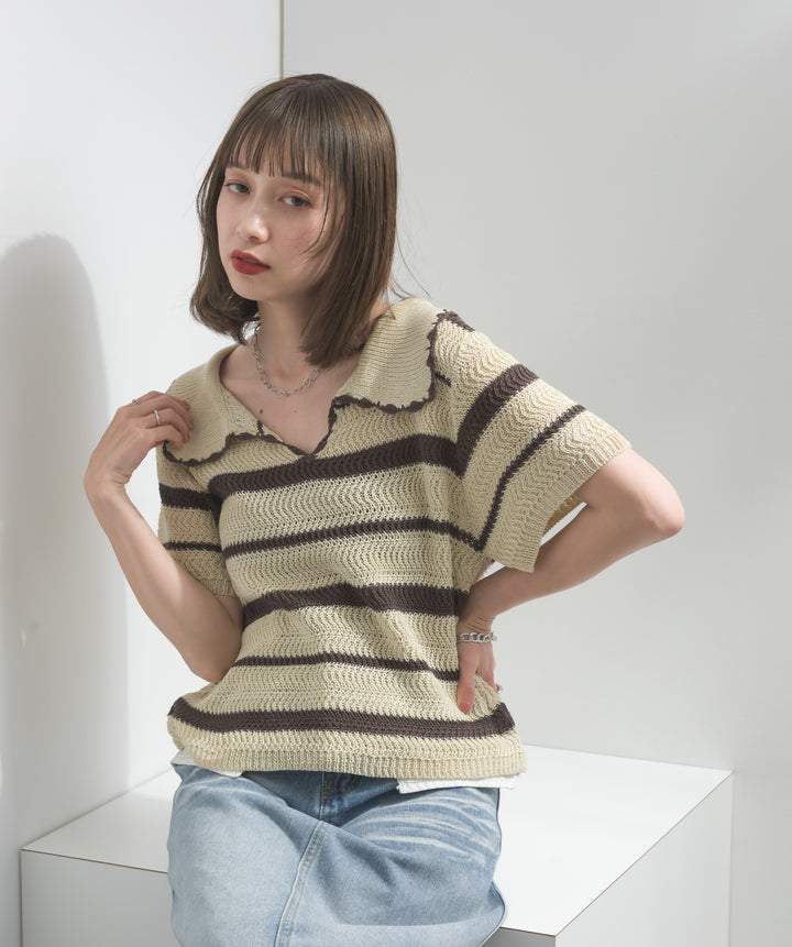 【SET】メッシュボーダーポロニット+レイヤードデニムロングスカート(2set)