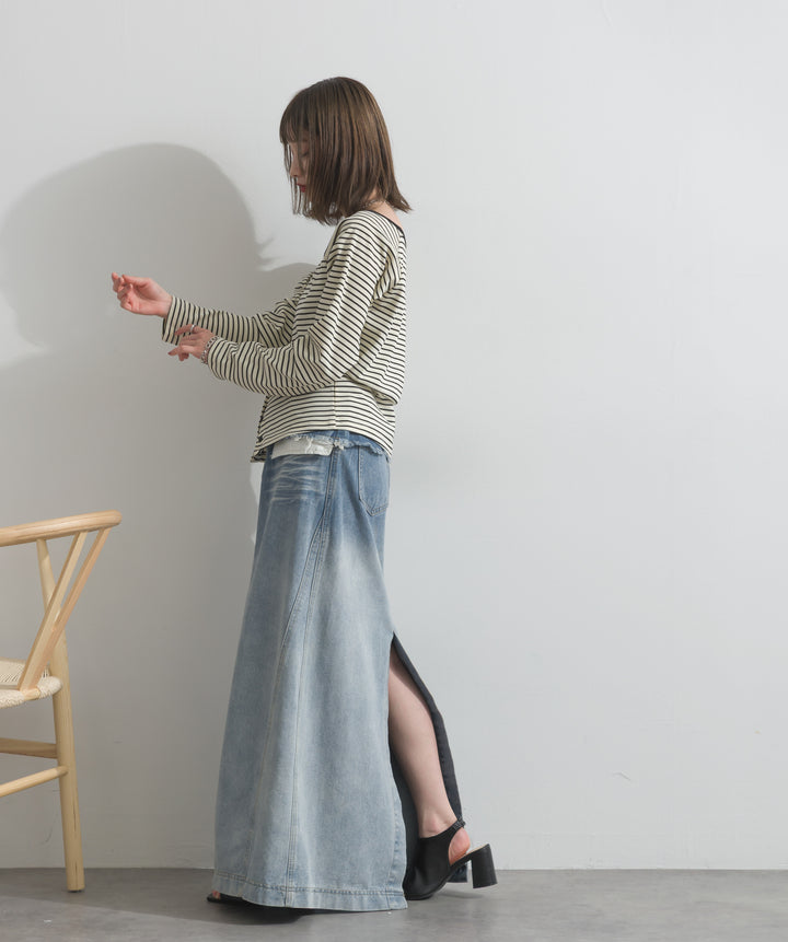【SET】オフショルダーボーダートップス+レイヤードデニムロングスカート(2set)