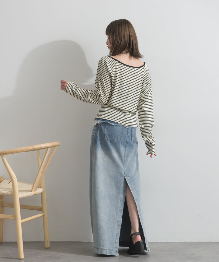 【SET】オフショルダーボーダートップス+レイヤードデニムロングスカート(2set)