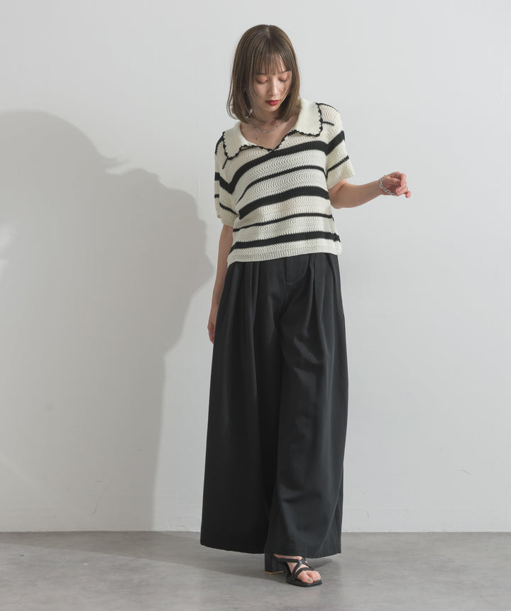 【SET】メッシュボーダーポロニット+タックワイドパンツ(2set)