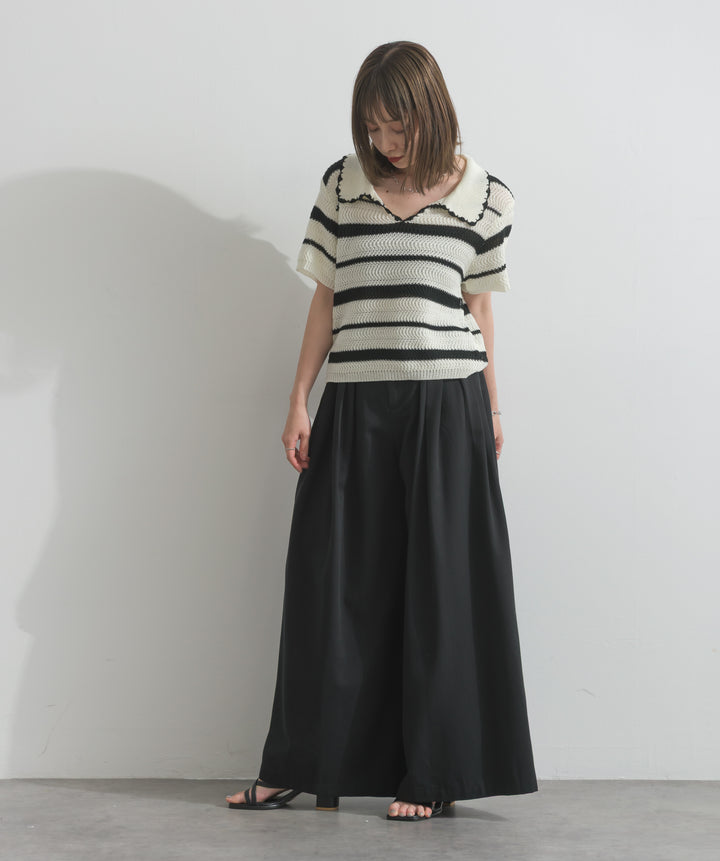 【SET】メッシュボーダーポロニット+タックワイドパンツ(2set)