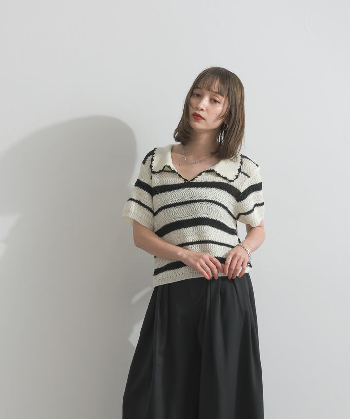 【SET】メッシュボーダーポロニット+タックワイドパンツ(2set)