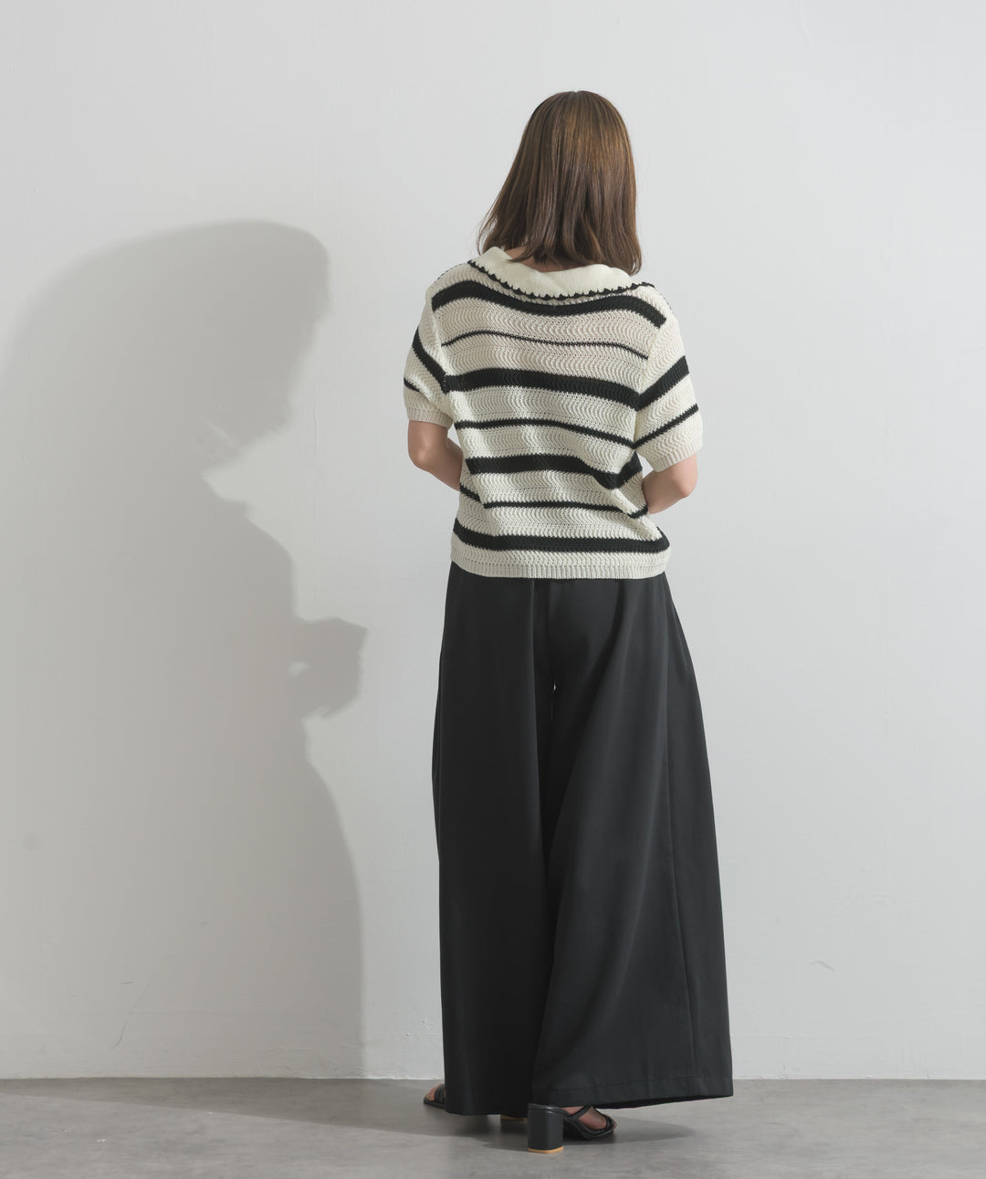 【SET】メッシュボーダーポロニット+タックワイドパンツ(2set)