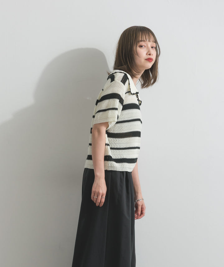 【SET】メッシュボーダーポロニット+タックワイドパンツ(2set)