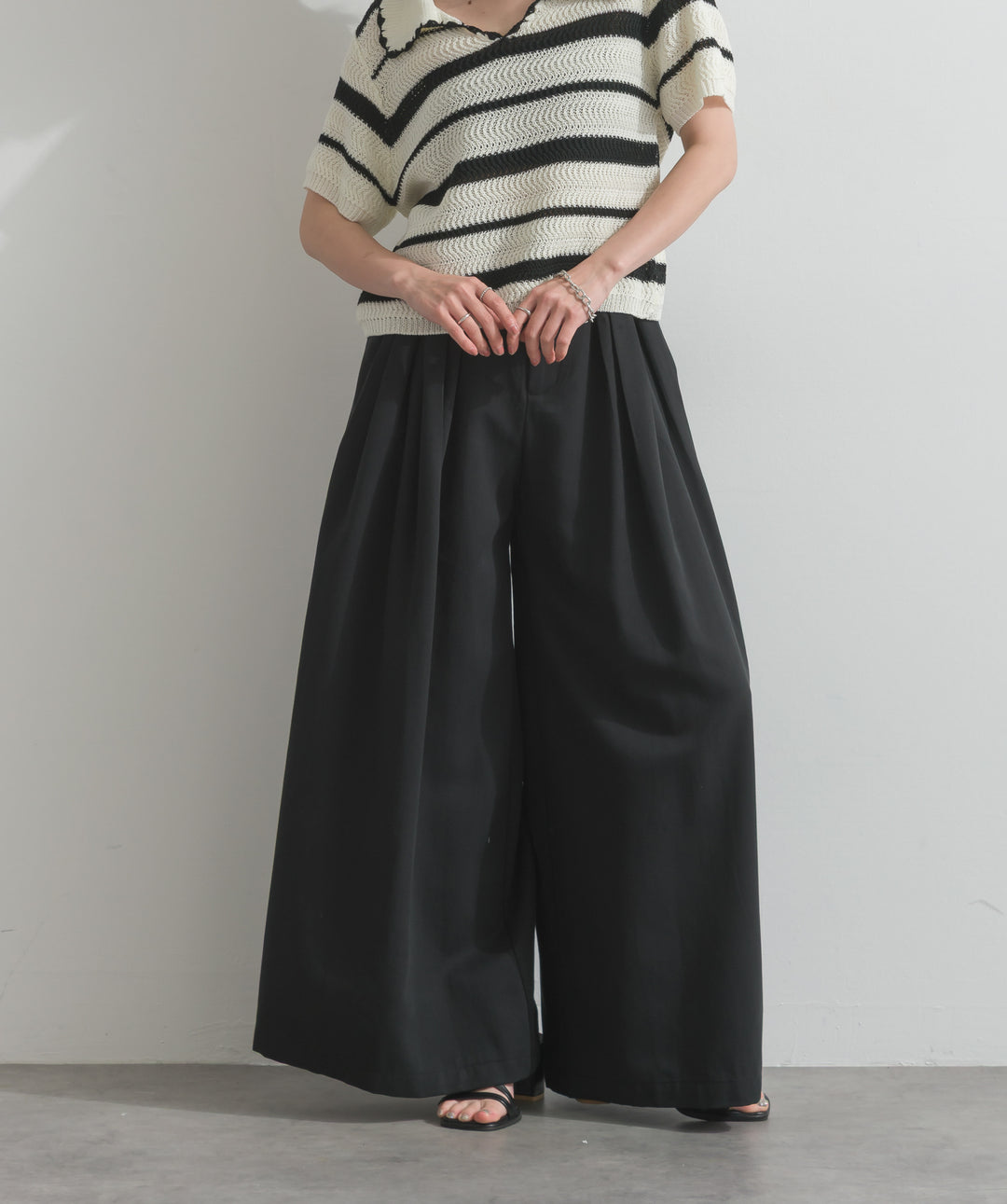 【SET】メッシュボーダーポロニット+タックワイドパンツ(2set)