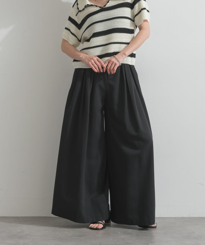 【SET】メッシュボーダーポロニット+タックワイドパンツ(2set)