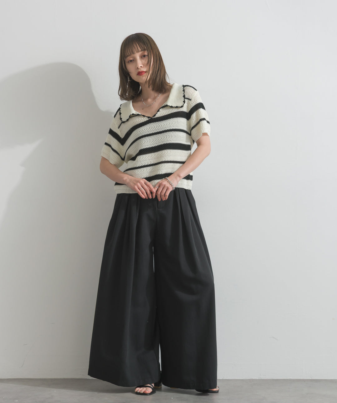 【SET】メッシュボーダーポロニット+タックワイドパンツ(2set)