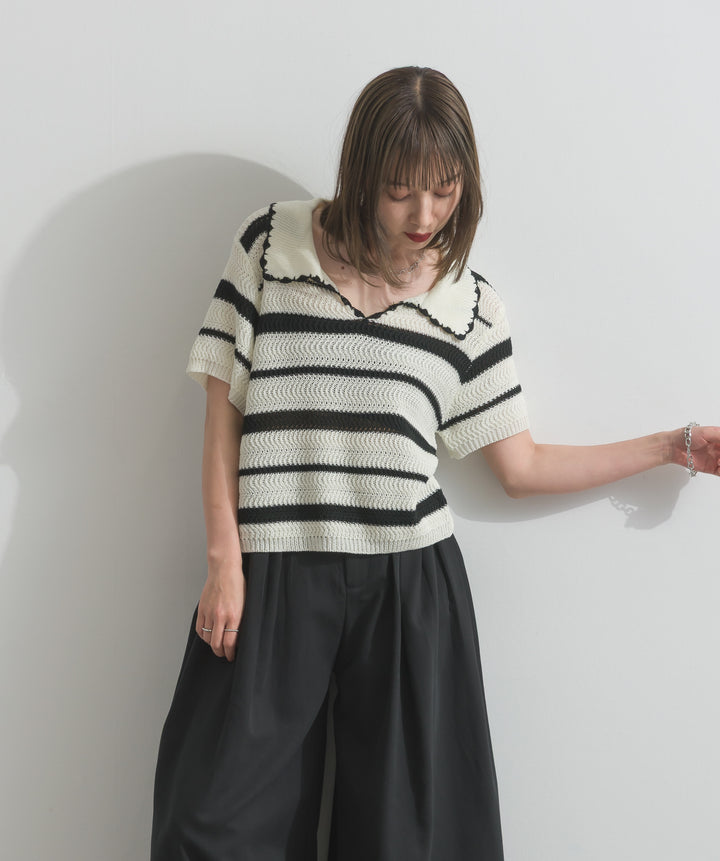【SET】メッシュボーダーポロニット+タックワイドパンツ(2set)