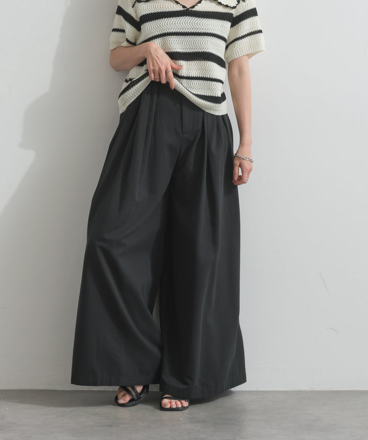 【SET】メッシュボーダーポロニット+タックワイドパンツ(2set)