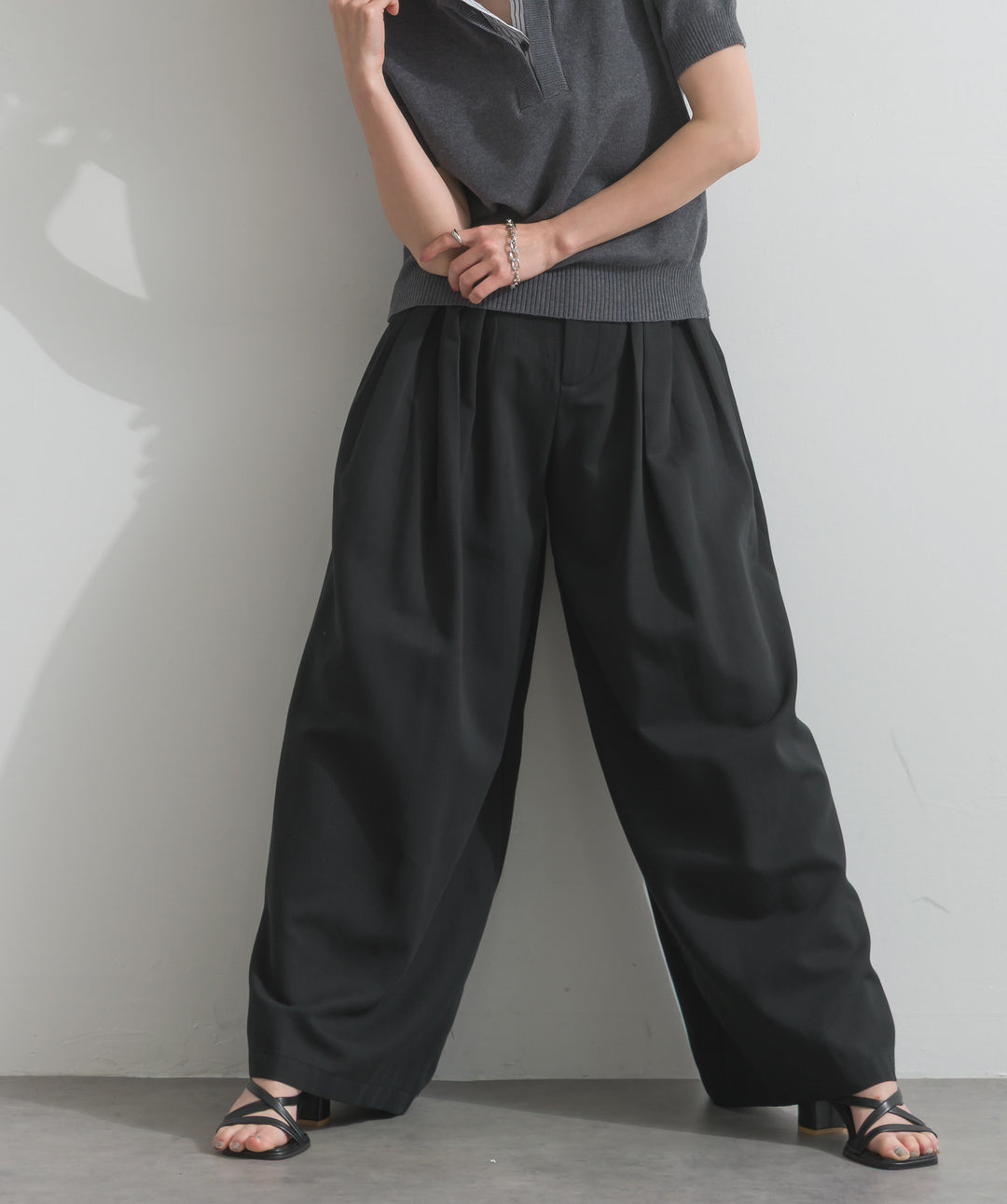 【SET】ストライプ襟ポロニット+タックワイドパンツ(2set)