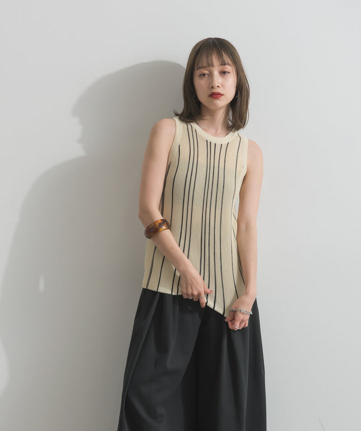 【SET】ストライプリブニットタンクトップ+タックワイドパンツ(2set)