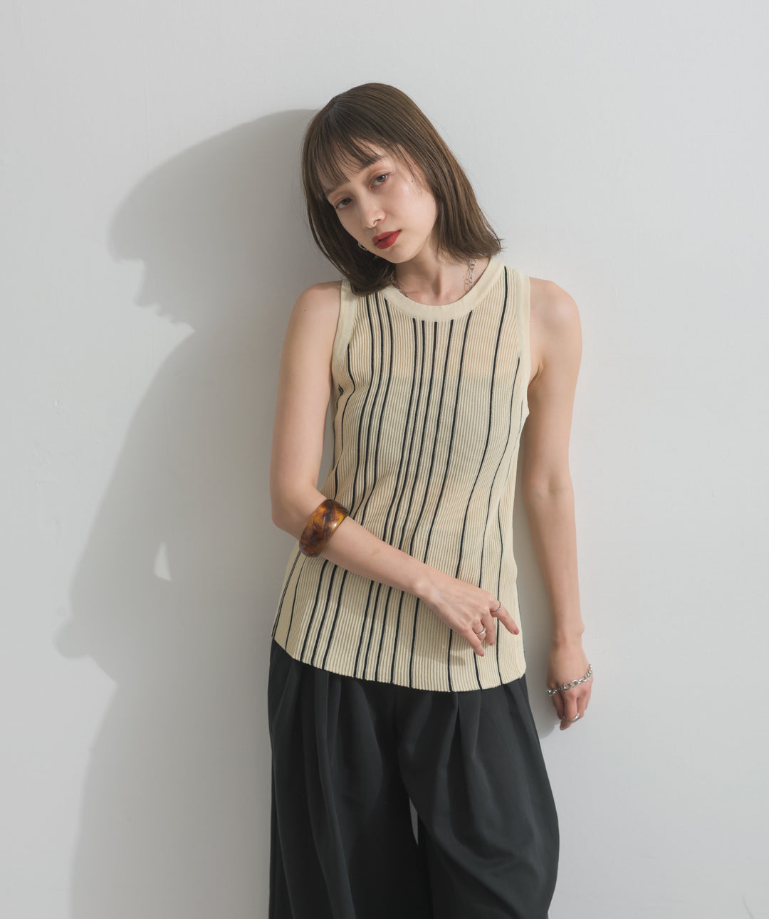 【SET】ストライプリブニットタンクトップ+タックワイドパンツ(2set)