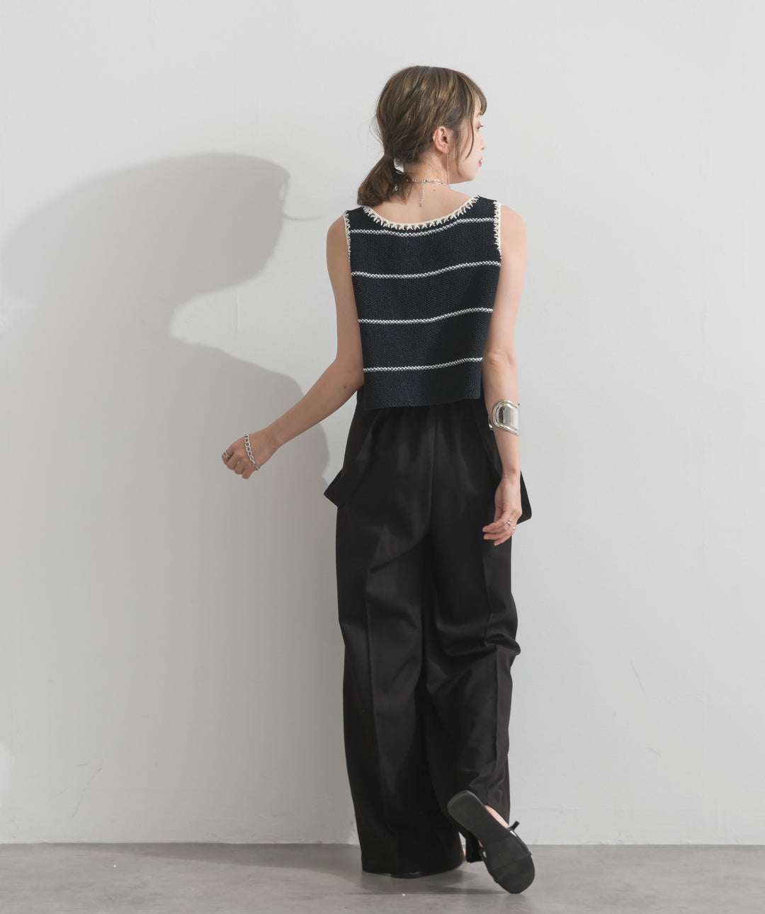 【SET】配色ラインペプラムニットタンクトップ+2WAYラップデザインサロペットパンツ(2set)