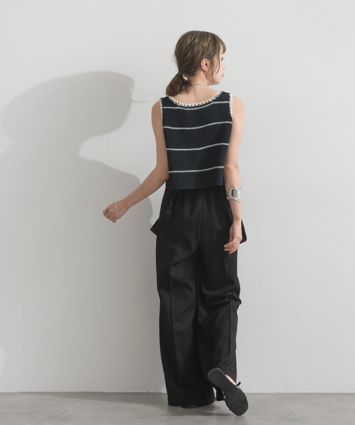 【SET】配色ラインペプラムニットタンクトップ+2WAYラップデザインサロペットパンツ(2set)