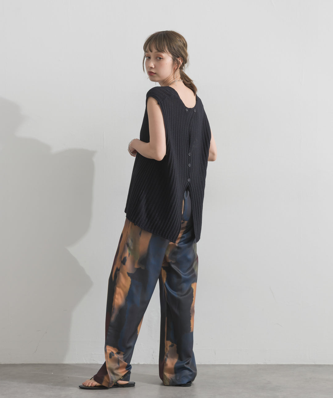 【SET】リブニットノースリーブトップス+水彩総柄シアーパンツ(2set)