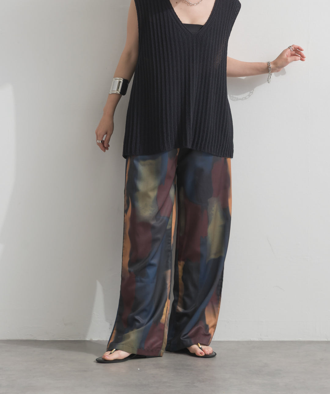 【SET】リブニットノースリーブトップス+水彩総柄シアーパンツ(2set)