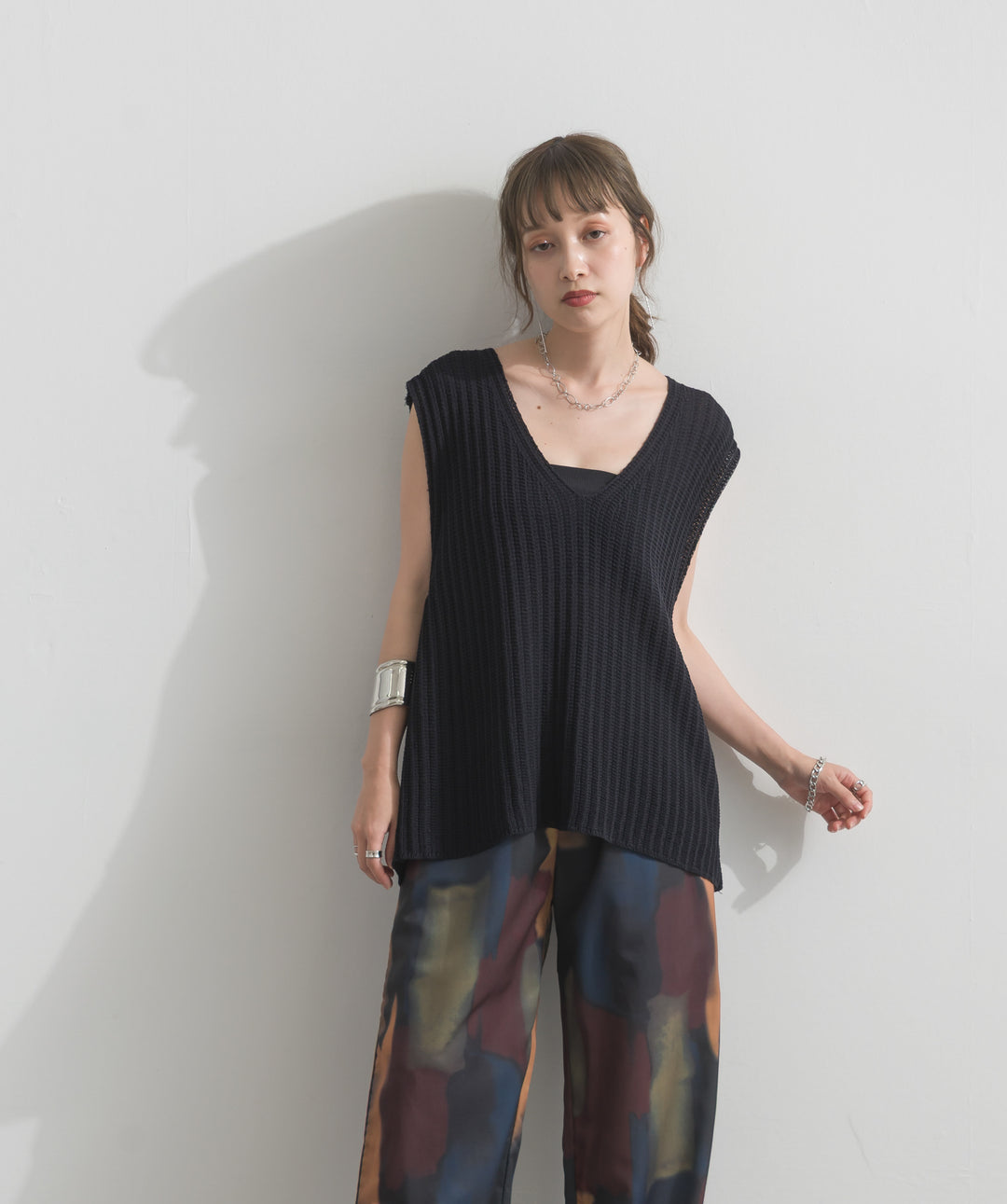 【SET】リブニットノースリーブトップス+水彩総柄シアーパンツ(2set)