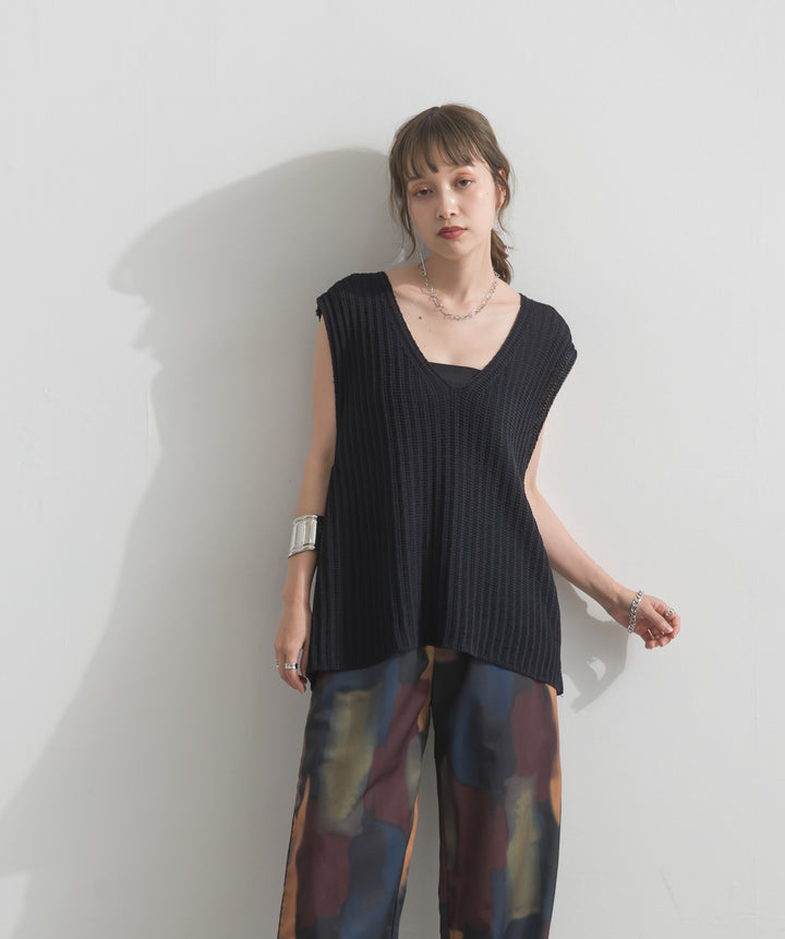 【SET】リブニットノースリーブトップス+水彩総柄シアーパンツ(2set)