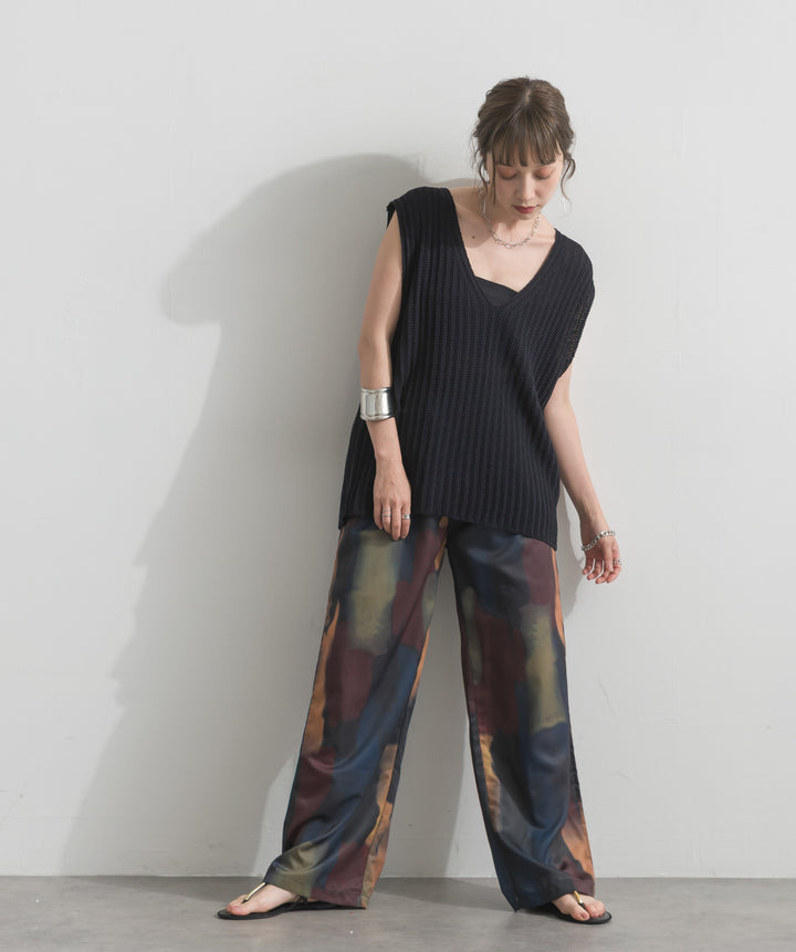 【SET】リブニットノースリーブトップス+水彩総柄シアーパンツ(2set)