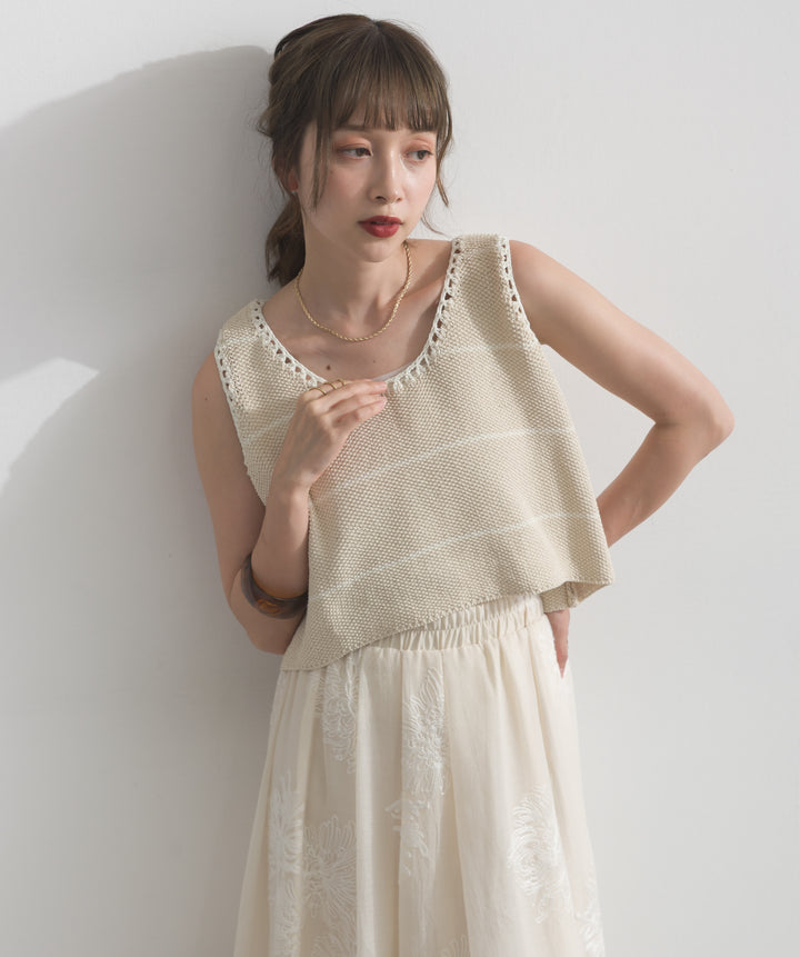 【SET】配色ラインペプラムニットタンクトップ+フラワー刺繍シアースカート(2set)