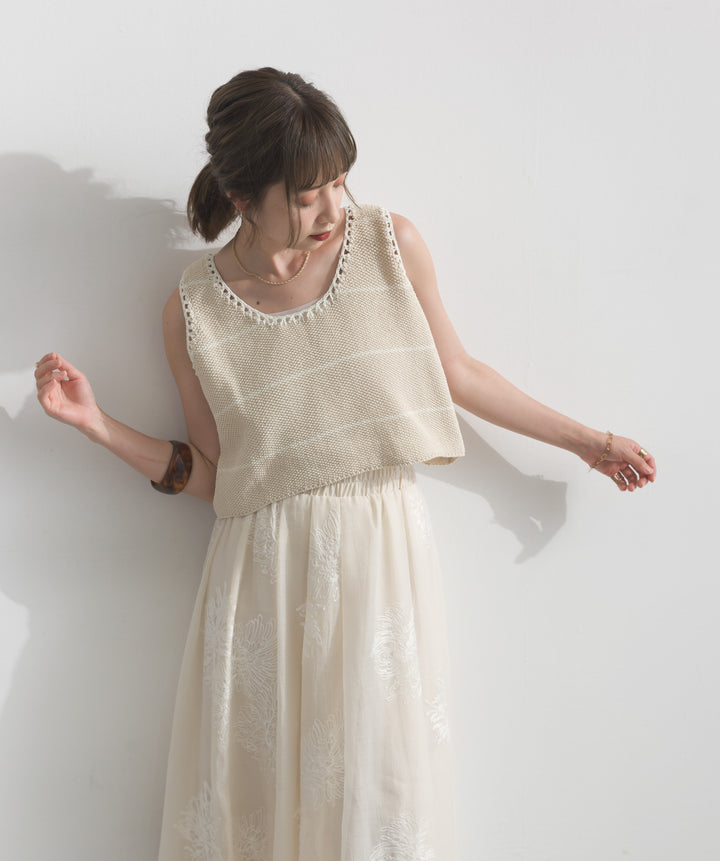 【SET】配色ラインペプラムニットタンクトップ+フラワー刺繍シアースカート(2set)