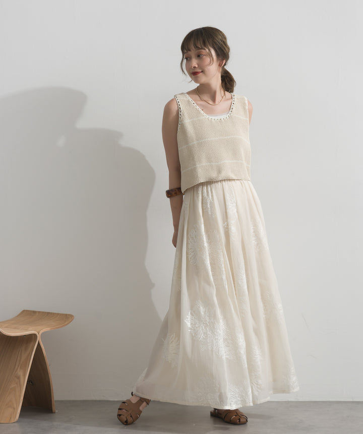 【SET】配色ラインペプラムニットタンクトップ+フラワー刺繍シアースカート(2set)