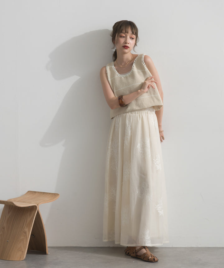 【SET】配色ラインペプラムニットタンクトップ+フラワー刺繍シアースカート(2set)