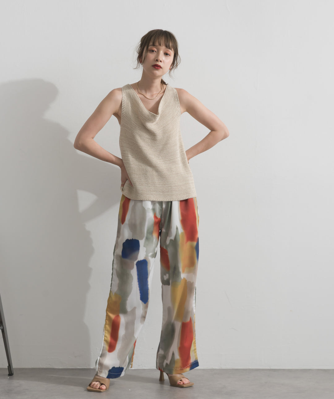 【SET】ドレープネックサマーニットトップス+水彩総柄シアーパンツ(2set)
