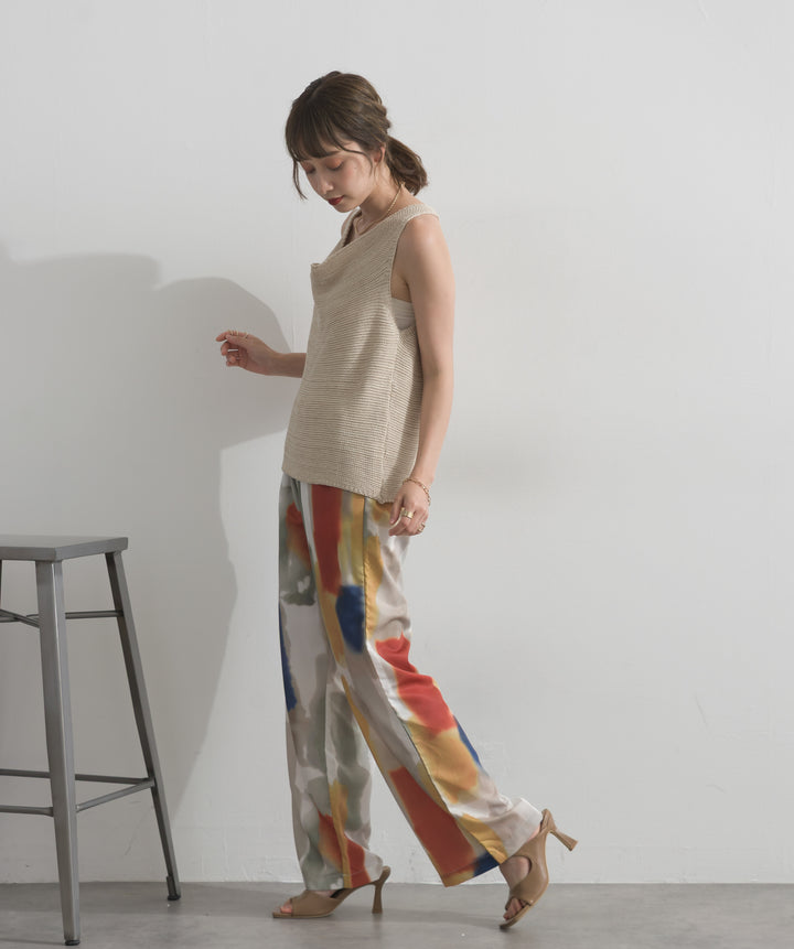【SET】ドレープネックサマーニットトップス+水彩総柄シアーパンツ(2set)
