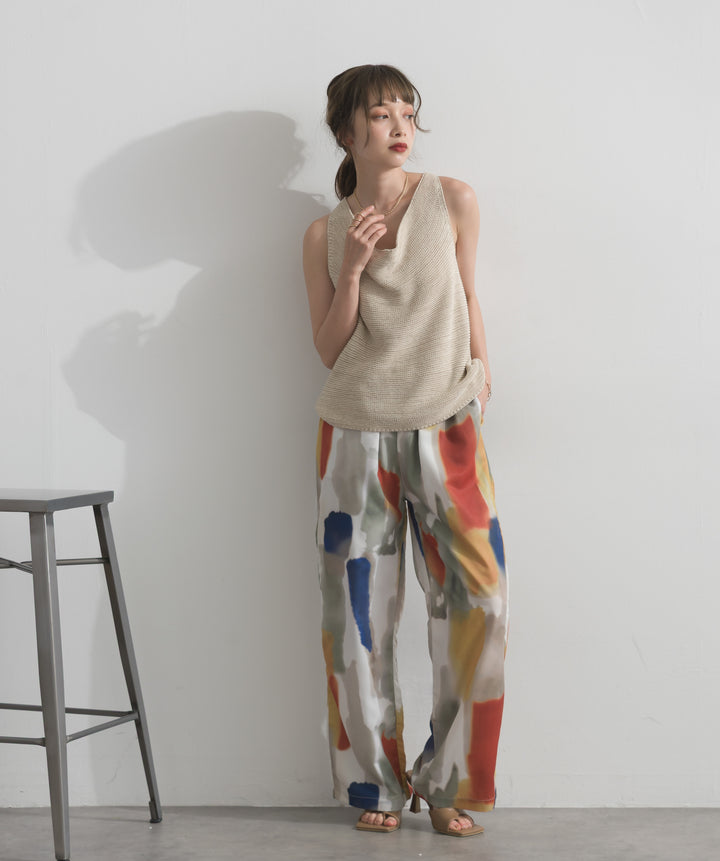 【SET】ドレープネックサマーニットトップス+水彩総柄シアーパンツ(2set)