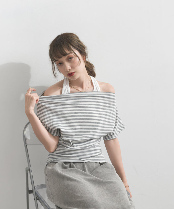 【SET】ホルターネックボーダーオフショルトップス+ピグメントスウェットロングスカート(2set)