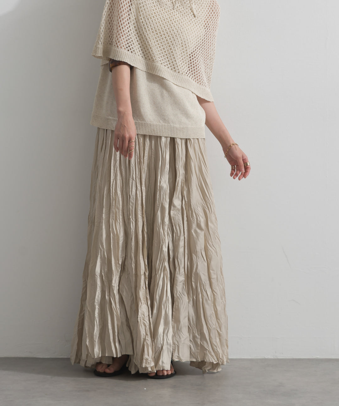 【SET】ニットタンク×メッシュラップスカートセット+ワッシャープリーツロングスカート(2set)