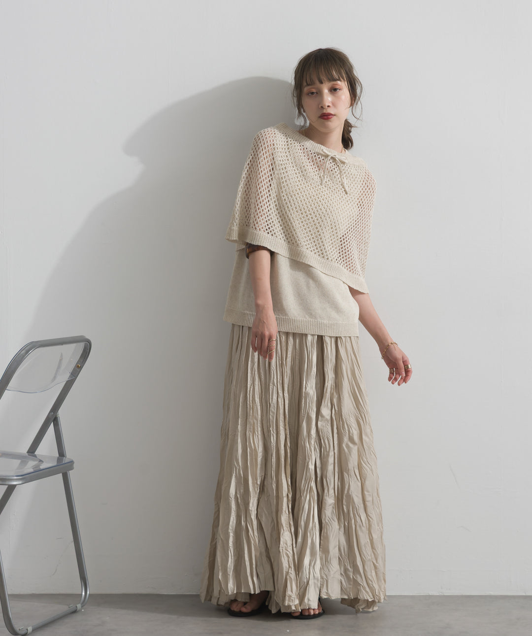 【SET】ニットタンク×メッシュラップスカートセット+ワッシャープリーツロングスカート(2set)