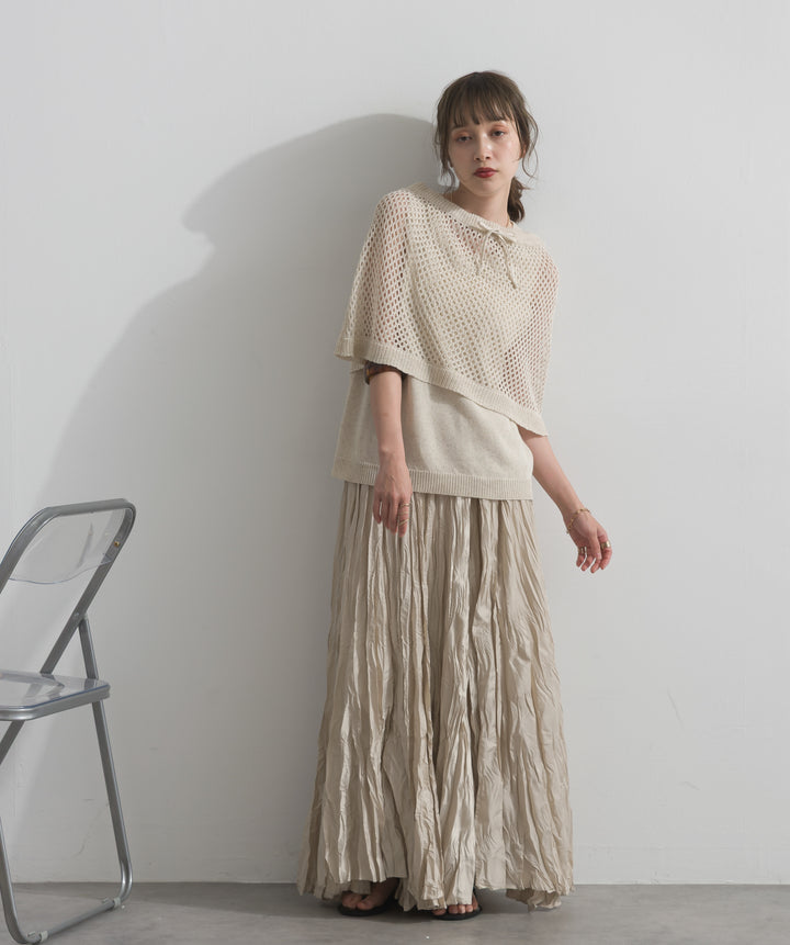 【SET】ニットタンク×メッシュラップスカートセット+ワッシャープリーツロングスカート(2set)