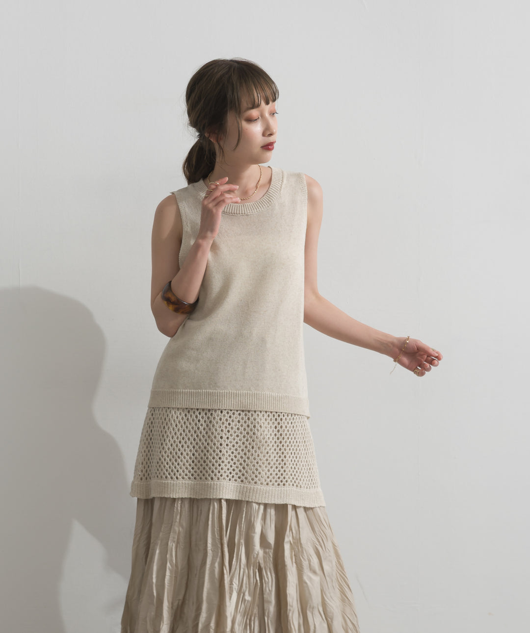 【SET】ニットタンク×メッシュラップスカートセット+ワッシャープリーツロングスカート(2set)