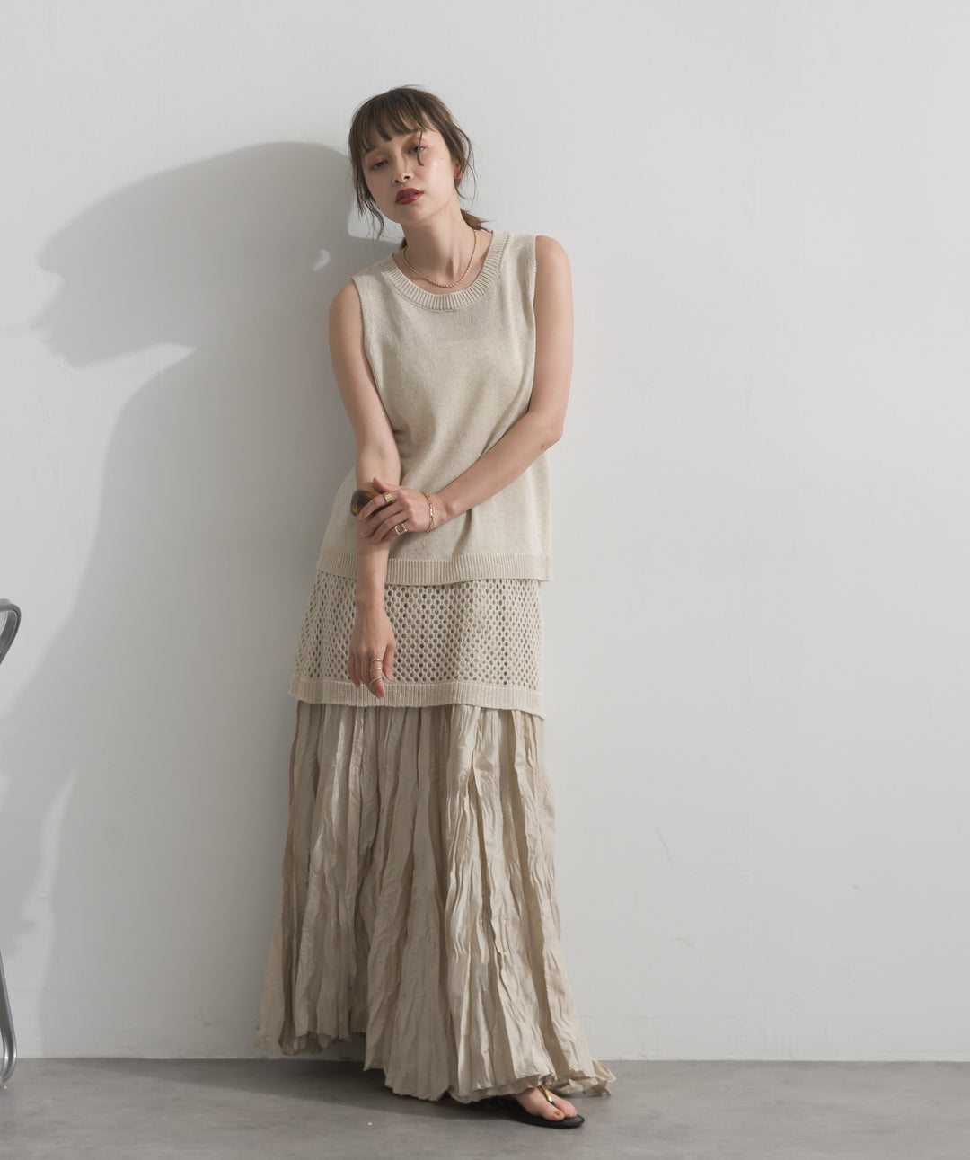 【SET】ニットタンク×メッシュラップスカートセット+ワッシャープリーツロングスカート(2set)