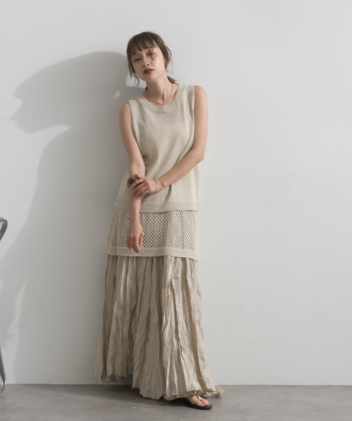 【SET】ニットタンク×メッシュラップスカートセット+ワッシャープリーツロングスカート(2set)