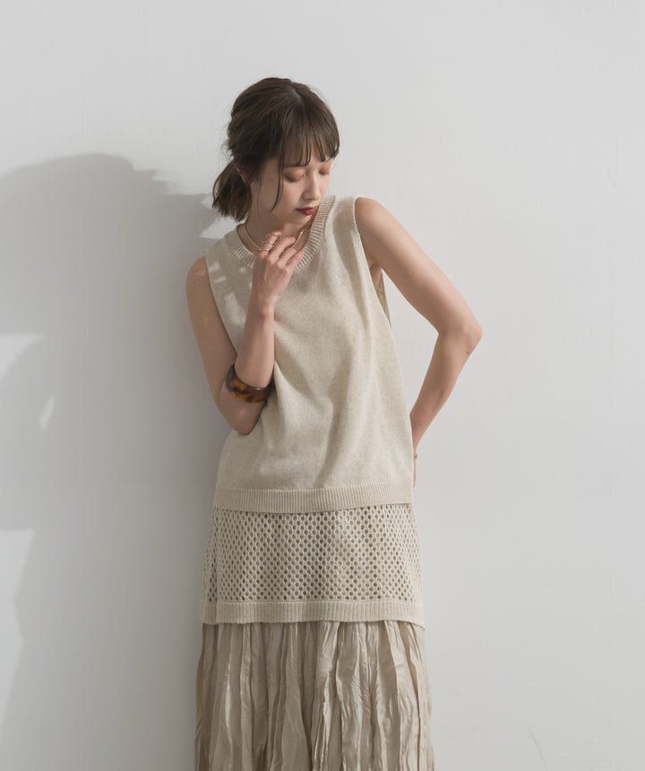 【SET】ニットタンク×メッシュラップスカートセット+ワッシャープリーツロングスカート(2set)