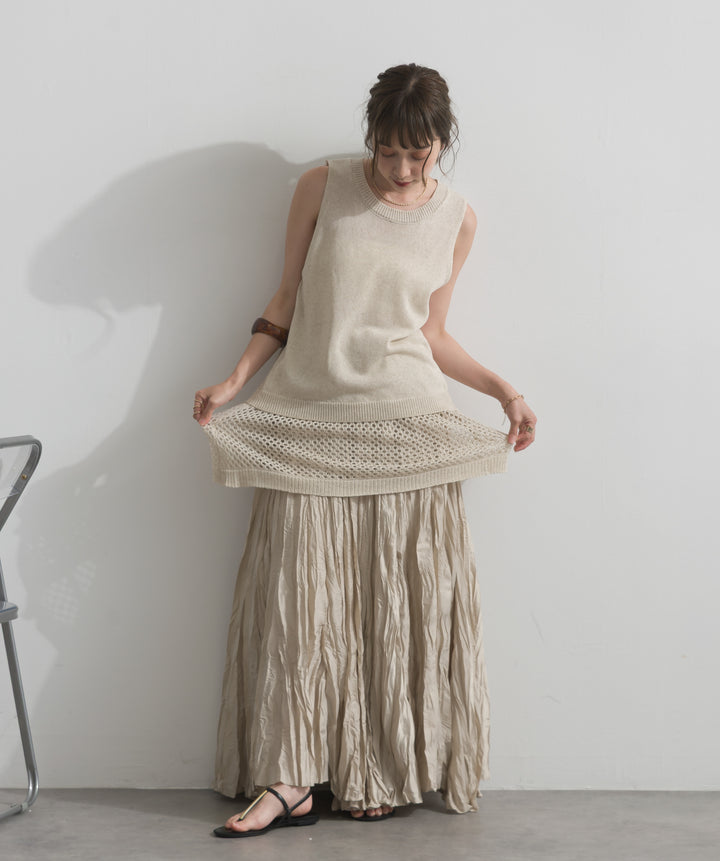 【SET】ニットタンク×メッシュラップスカートセット+ワッシャープリーツロングスカート(2set)