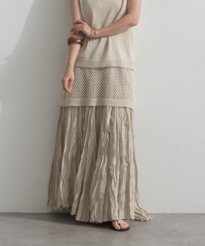 【SET】ニットタンク×メッシュラップスカートセット+ワッシャープリーツロングスカート(2set)