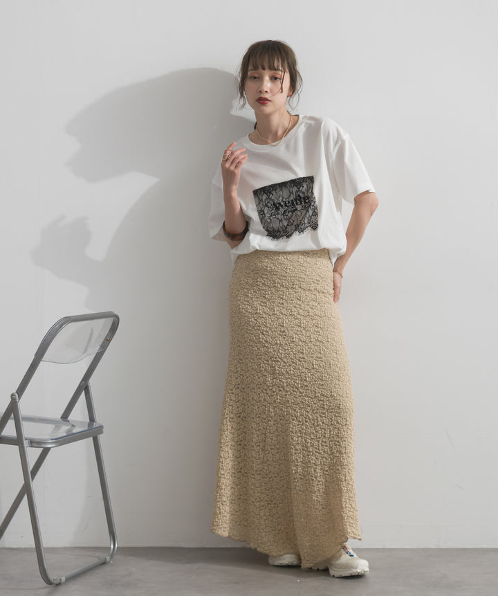 【SET】レースロゴ刺繍Tシャツ+ブークレメロウフレアスカート(2set)