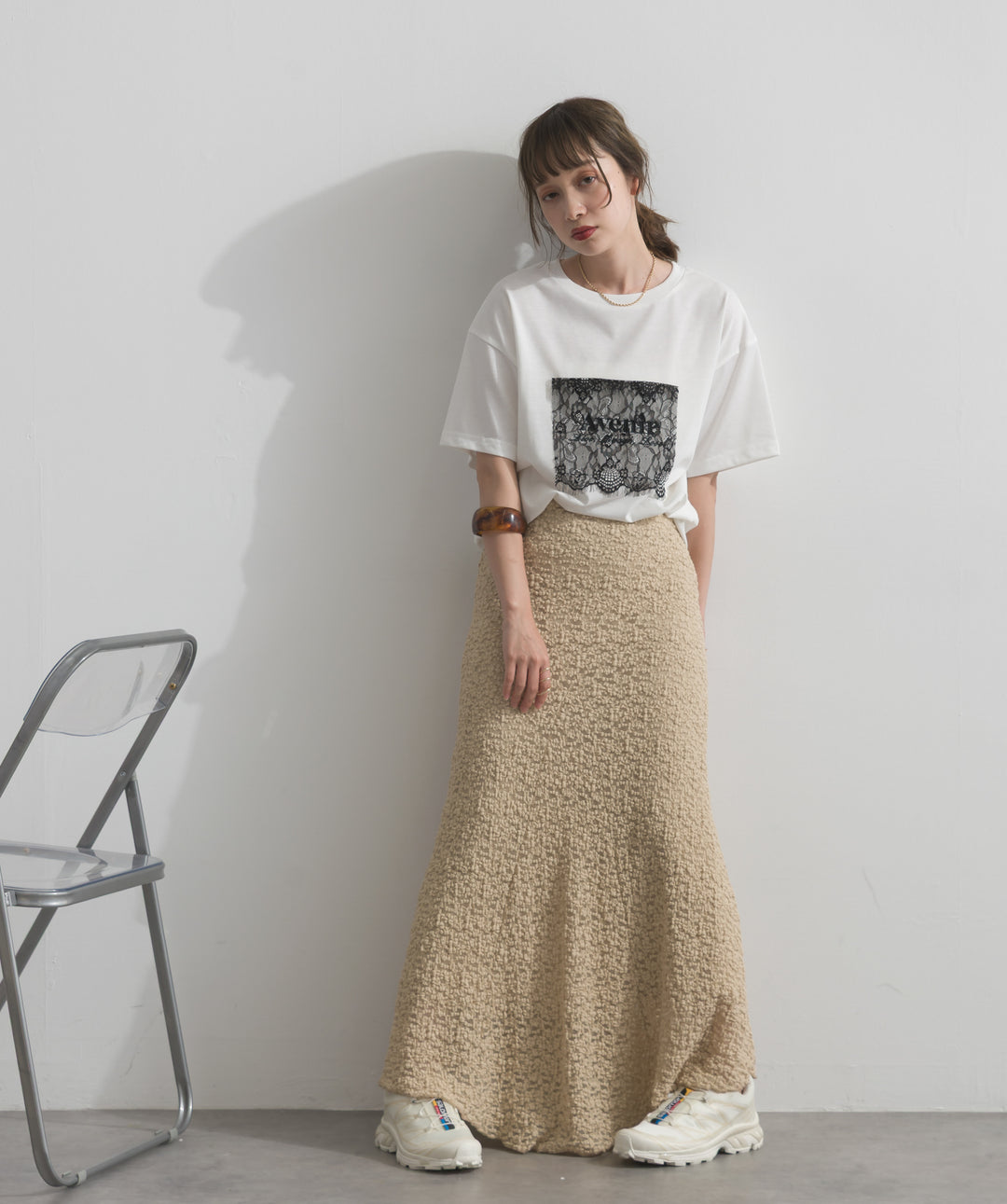 【SET】レースロゴ刺繍Tシャツ+ブークレメロウフレアスカート(2set)
