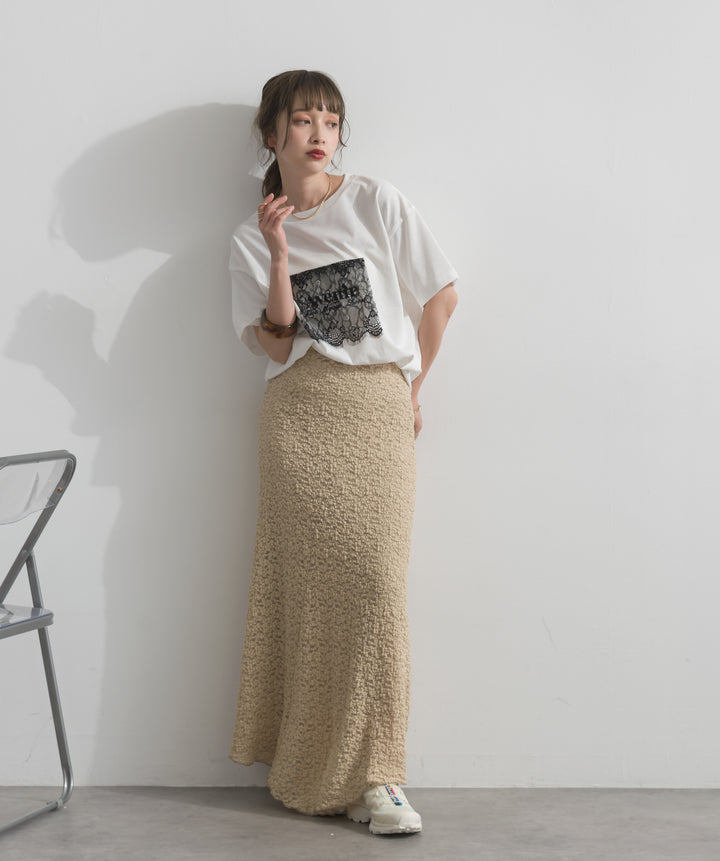 【SET】レースロゴ刺繍Tシャツ+ブークレメロウフレアスカート(2set)