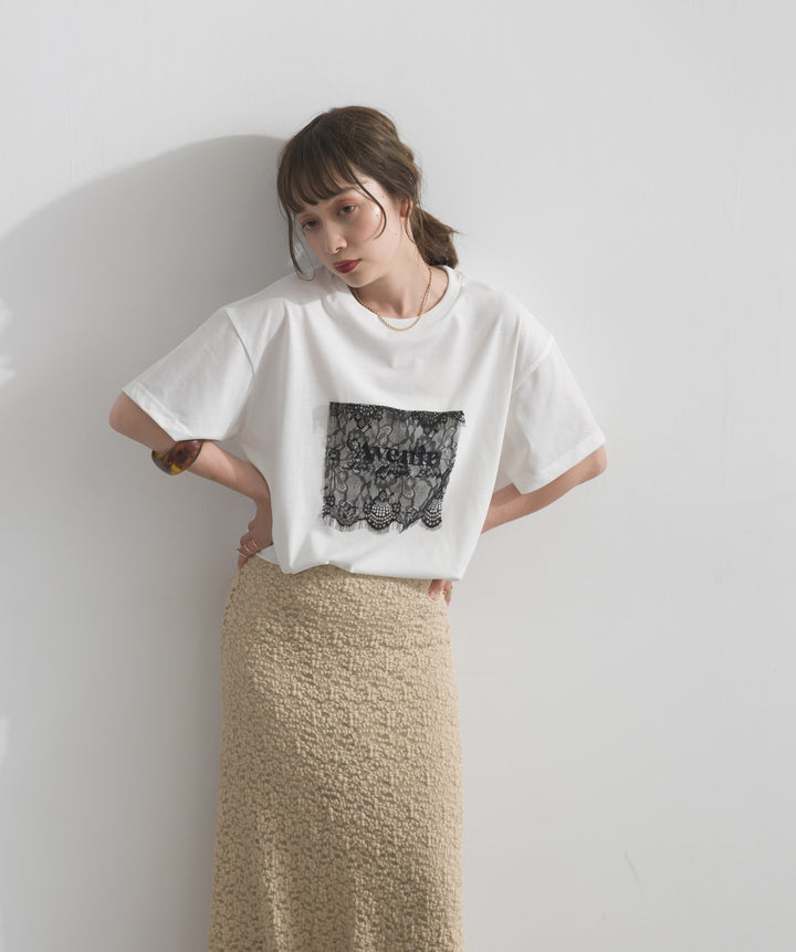 【SET】レースロゴ刺繍Tシャツ+ブークレメロウフレアスカート(2set)